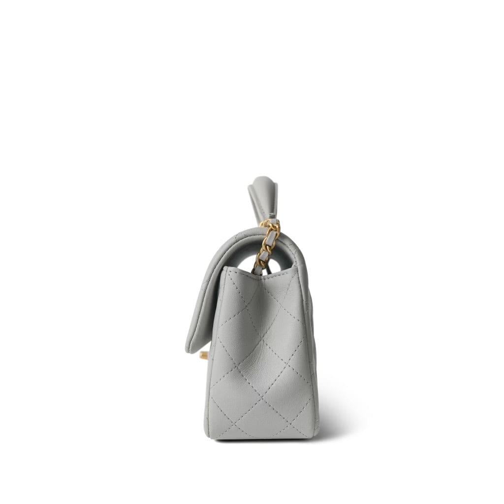 21A Grey Lambskin Quilted Mini Top Handle Aged Gold Hardware