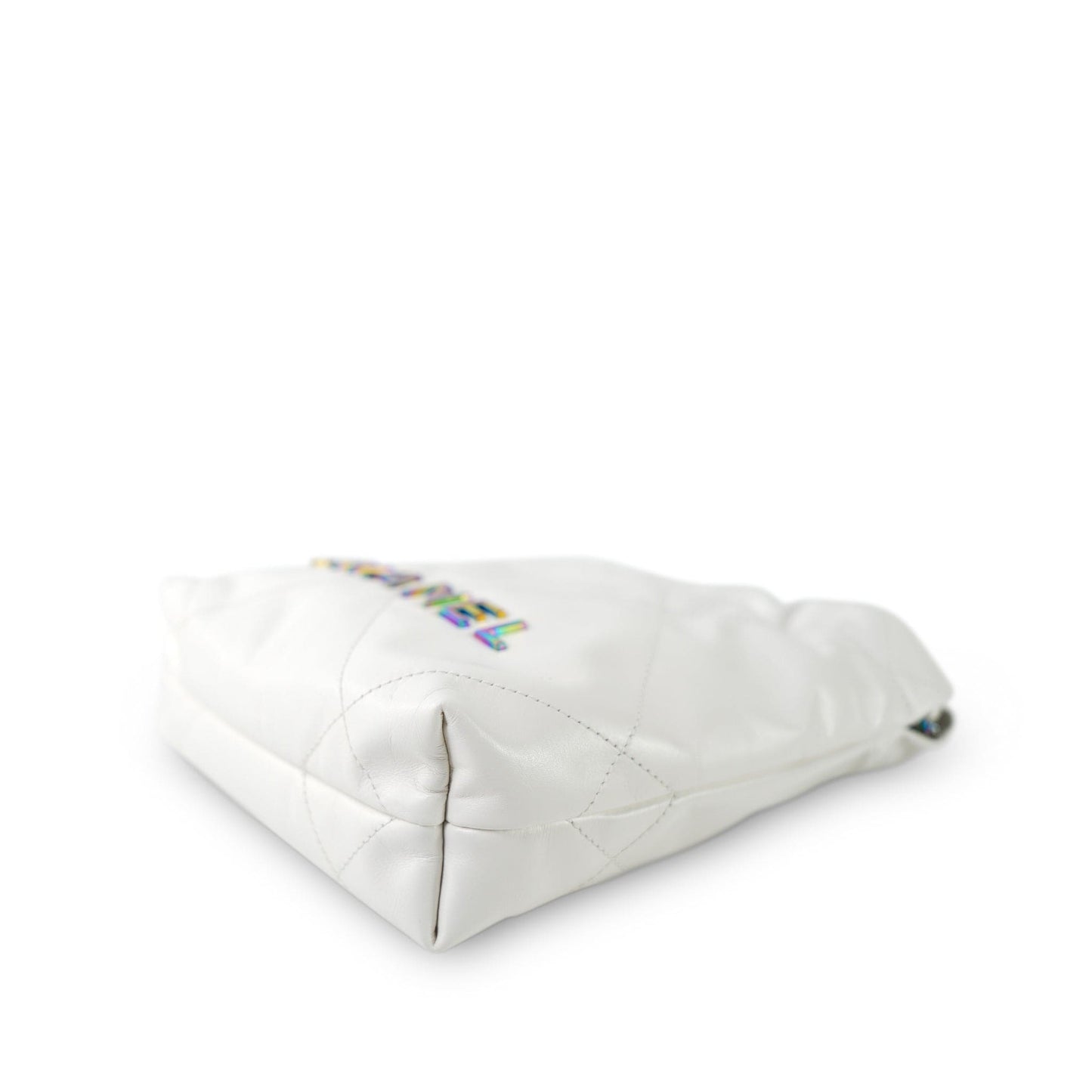 White Calfskin Quilted Mini 22 Bag Rainbow Hardware