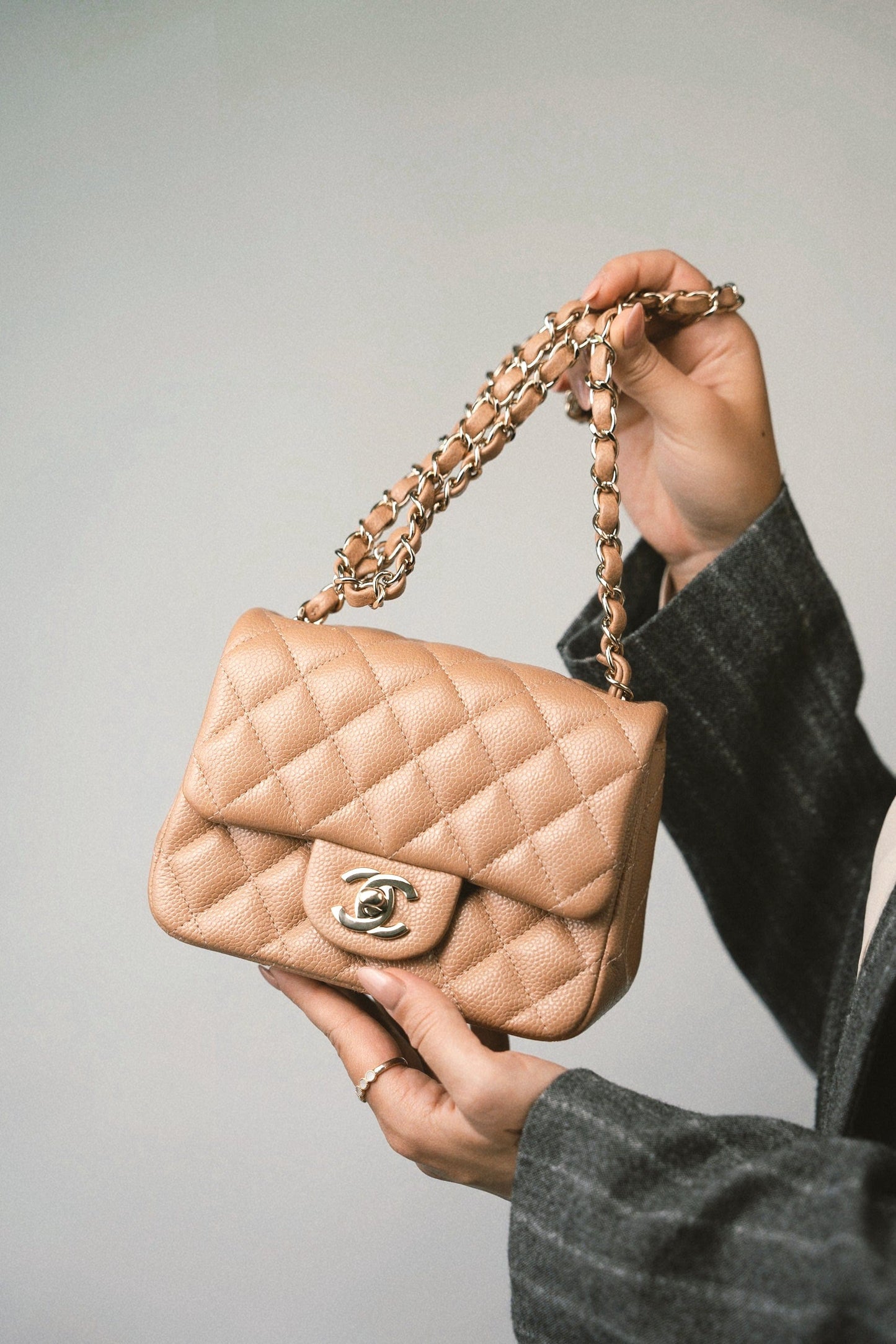 18S Beige Caviar Quilted Mini Square Flap Light Gold Hardware