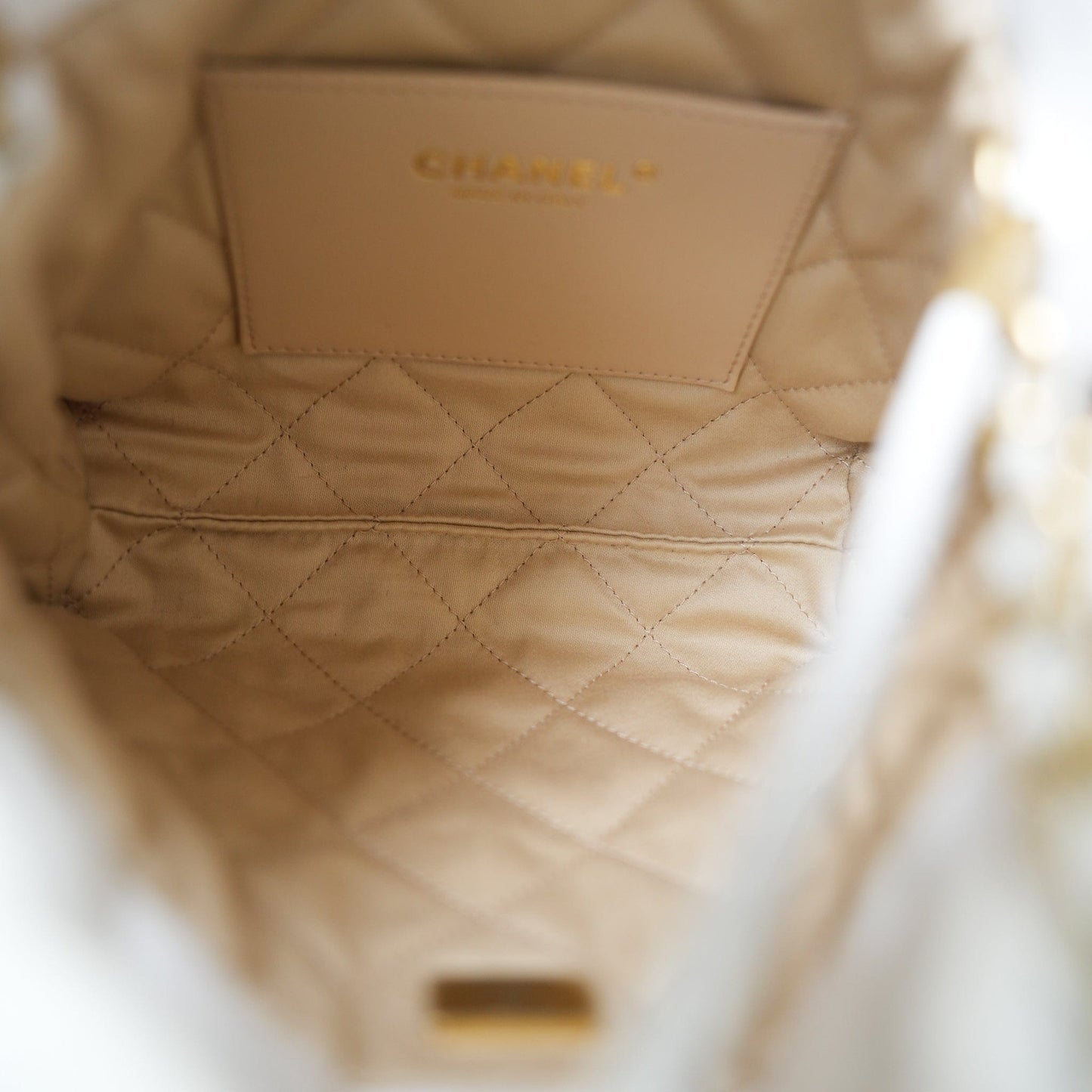 White Calfskin Quilted Mini 22 Bag Aged Gold Hardware