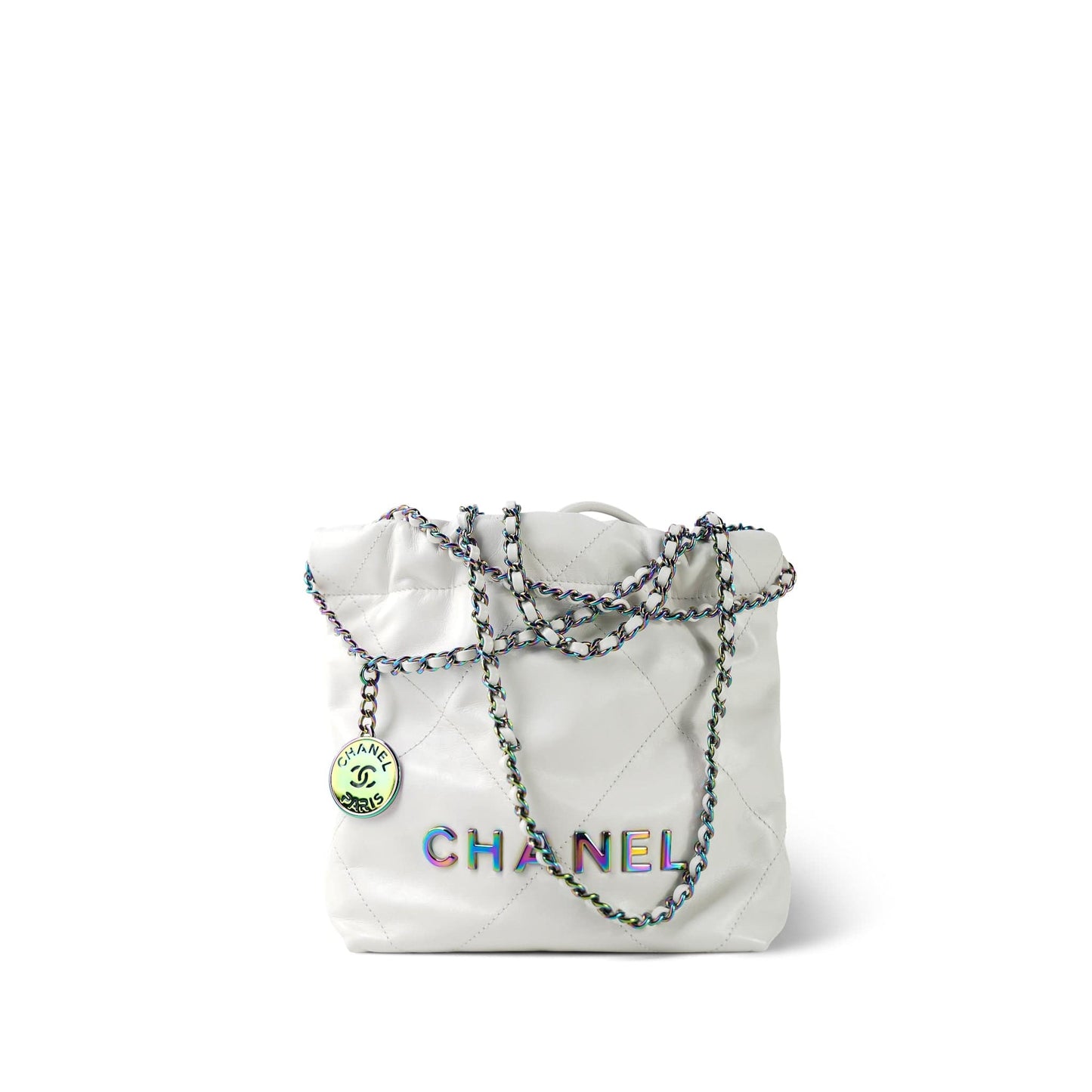 White Calfskin Quilted Mini 22 Bag Rainbow Hardware