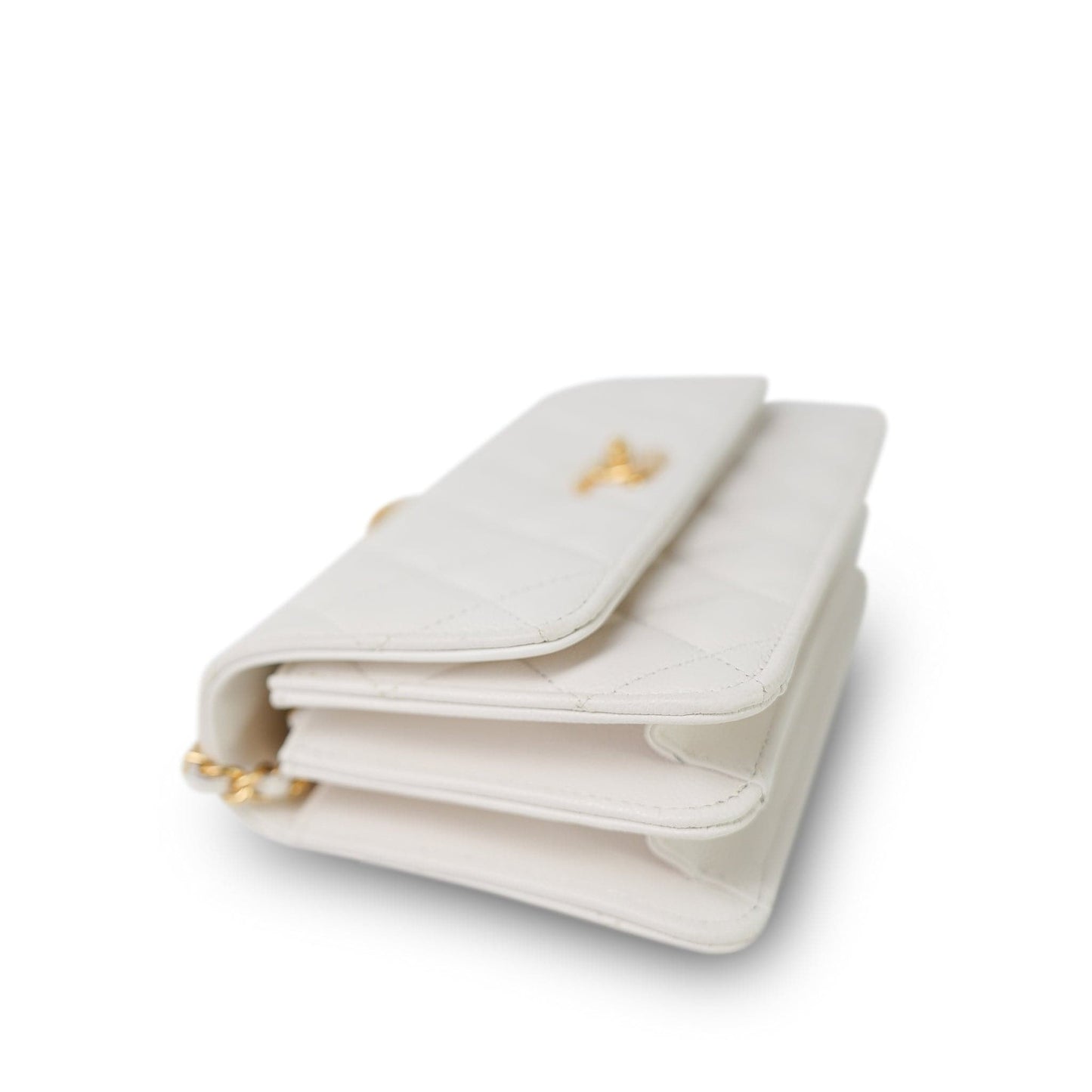 White Caviar Quilted Flap Charm Wallet On Chain WOC Gold Hardware