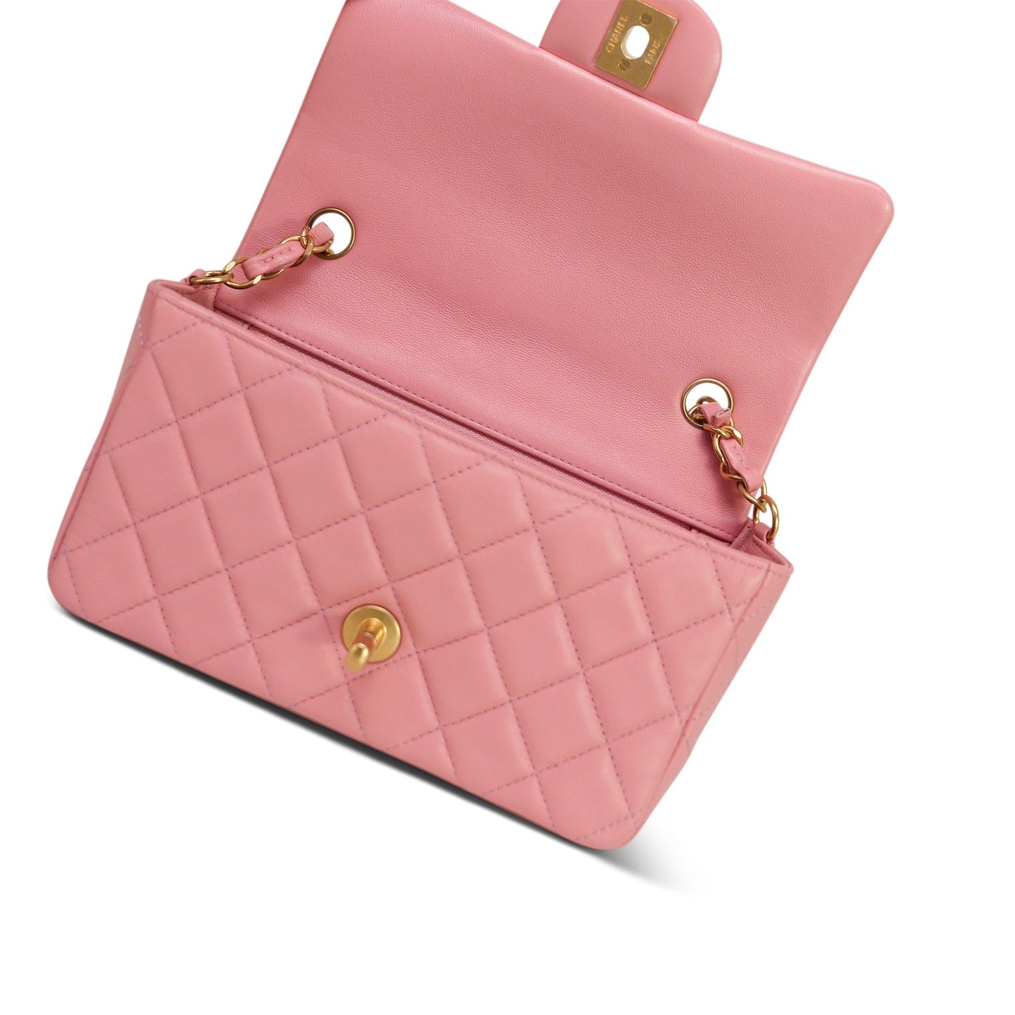 19s Pink Lambskin Quilted Mini Rectangular Flap Aged Gold Hardware