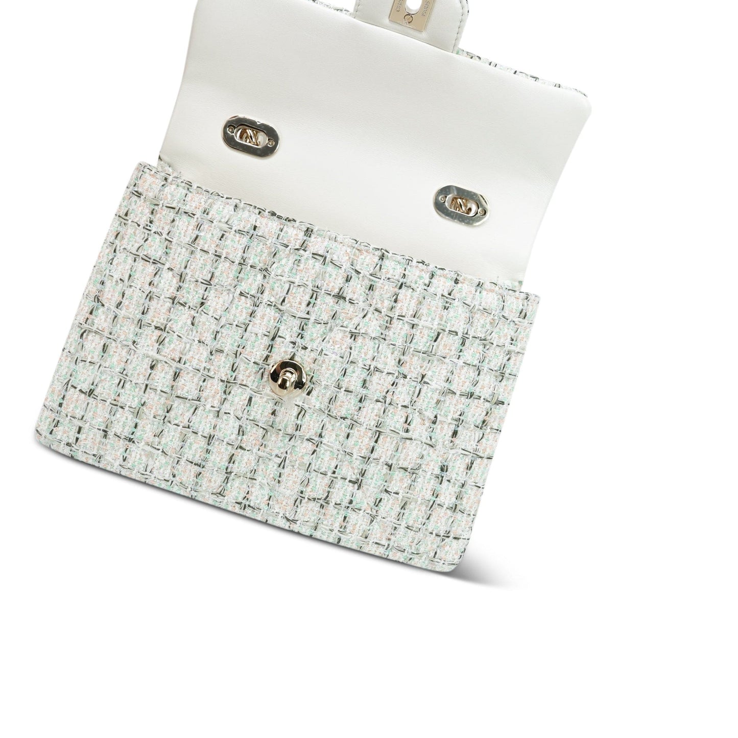 White/Multicolor Sequin Tweed Quilted Top Handle Flap Bag On Chain