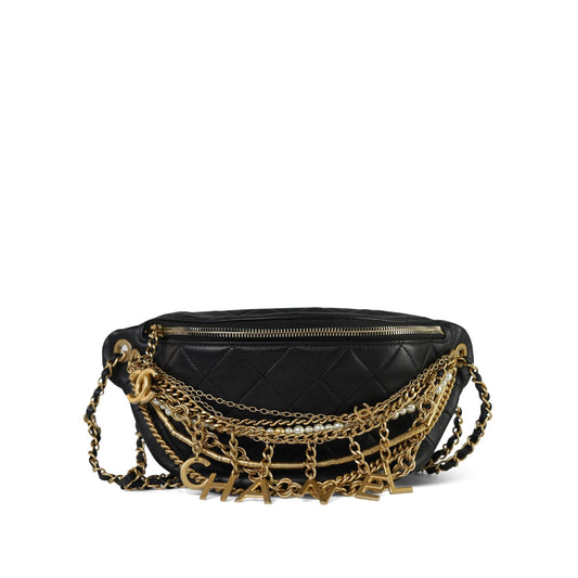 19A Black Lambskin Quilted All About Chains Waist Bag/Bumbag Aged Gold Hardware