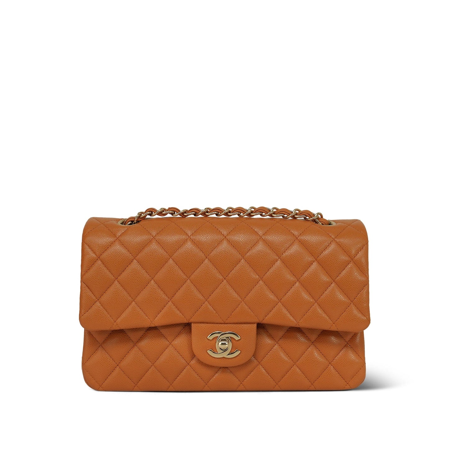 21A Caramel/Orange Caviar Quilted Classic Flap Medium LGHW