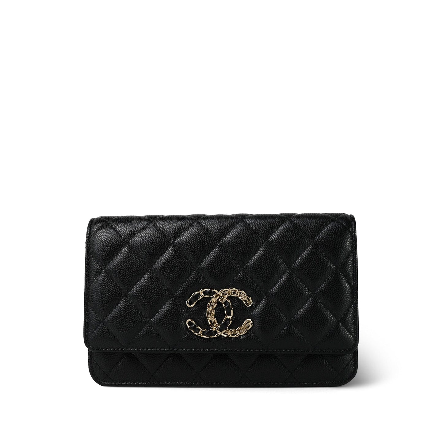 20K Black Caviar Quilted Wallet on Chain French New Wave Chain CC WOC Light Gold hardware