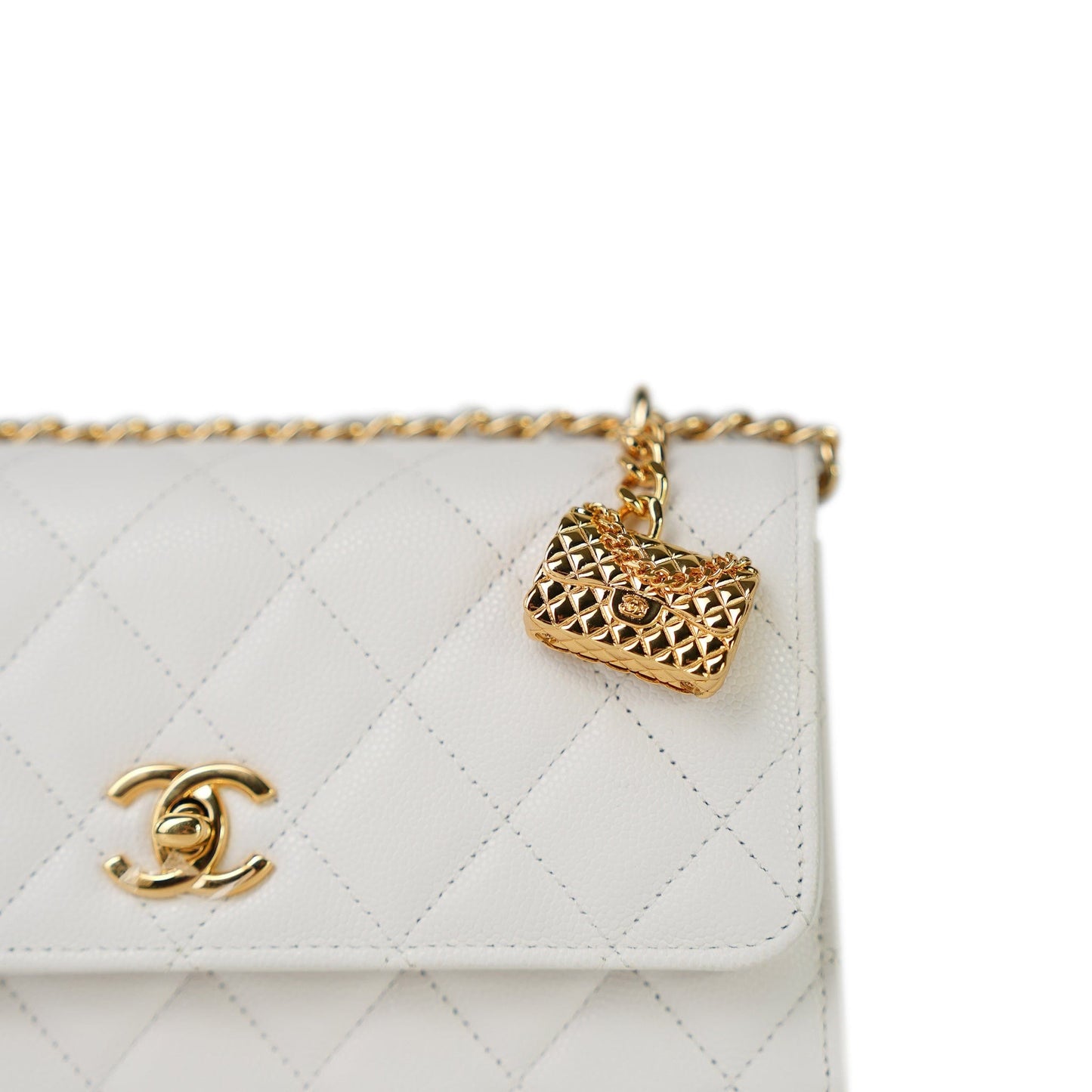 White Caviar Quilted Flap Charm Wallet On Chain WOC Gold Hardware