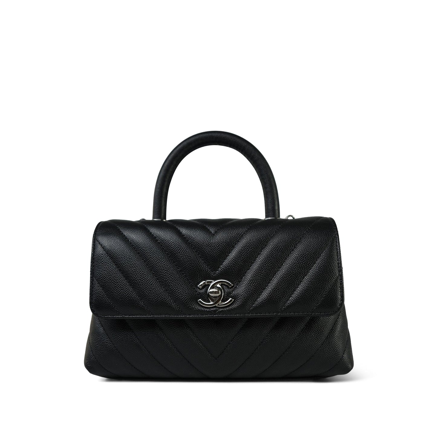 19K Black Caviar Chevron Quilted Small Coco Handle Ruthenium Hardware