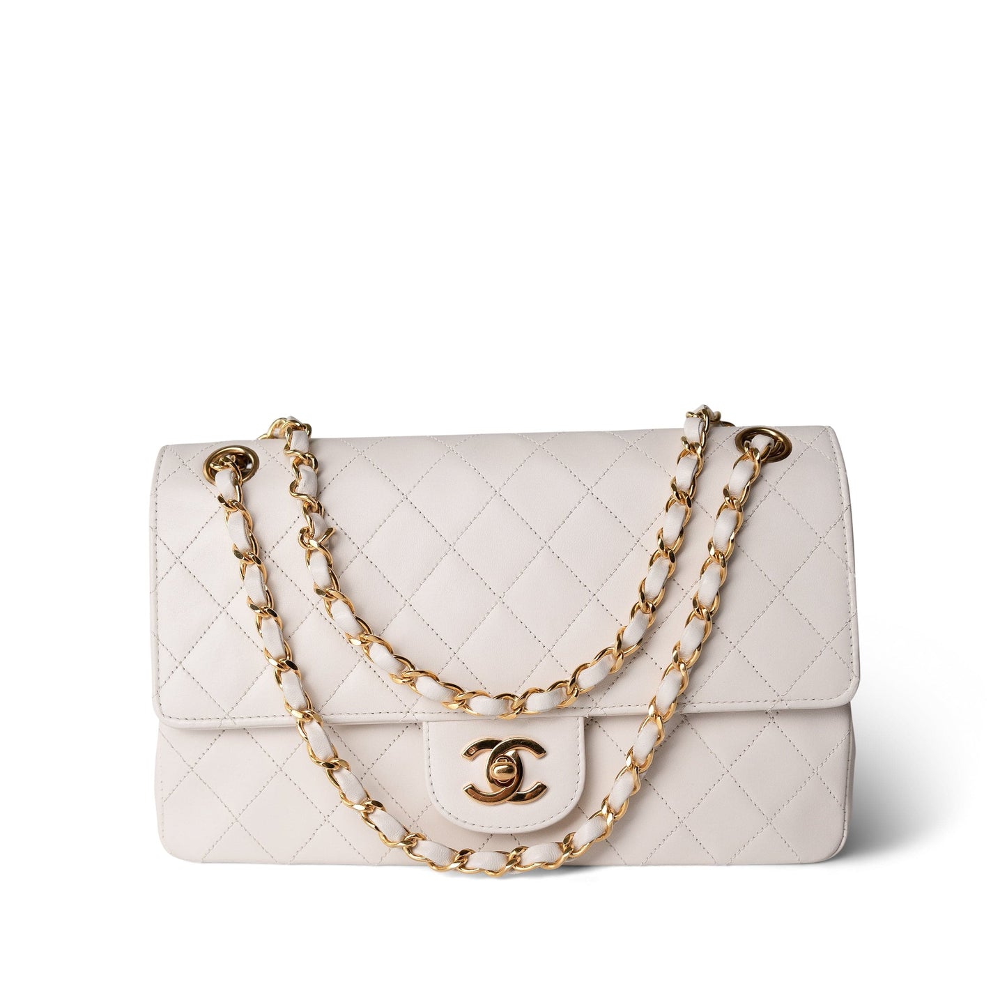 Vintage White Lambskin Quilted Double Flap Medium GHW