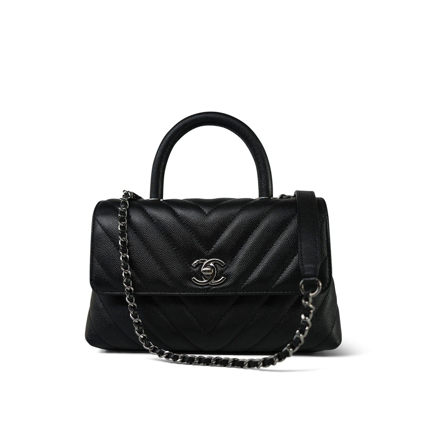 19K Black Caviar Chevron Quilted Small Coco Handle Ruthenium Hardware