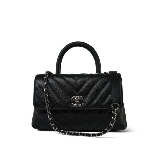 19K Black Caviar Chevron Quilted Small Coco Handle Ruthenium Hardware