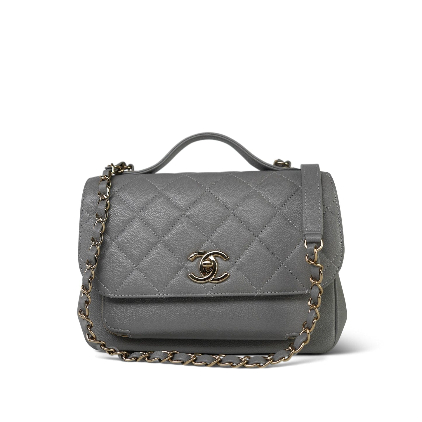 21B Grey Caviar Quilted Business Affinity Medium Flap Light Gold Hardware