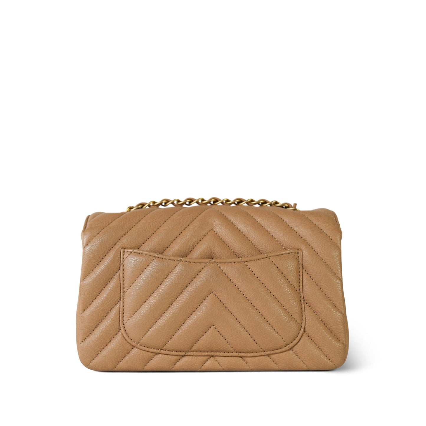 17C Dark Beige Chevron Quilted Mini Rectangular Flap Aged Gold Hardware