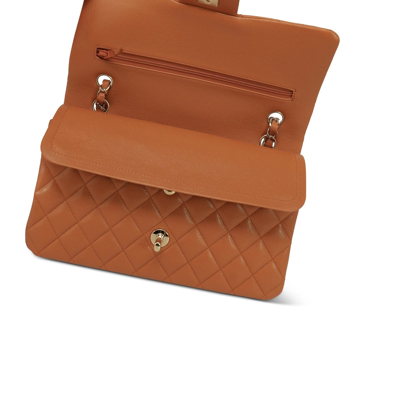 21A Caramel/Orange Caviar Quilted Classic Flap Medium LGHW