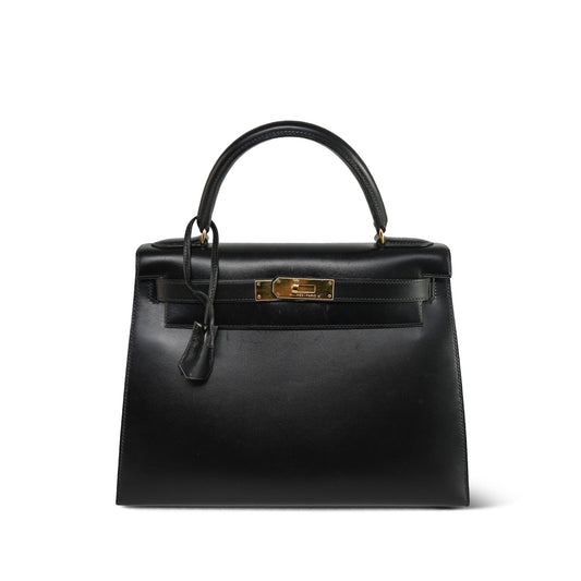 Vintage Kelly 28 Black Box Calfskin Gold Plated