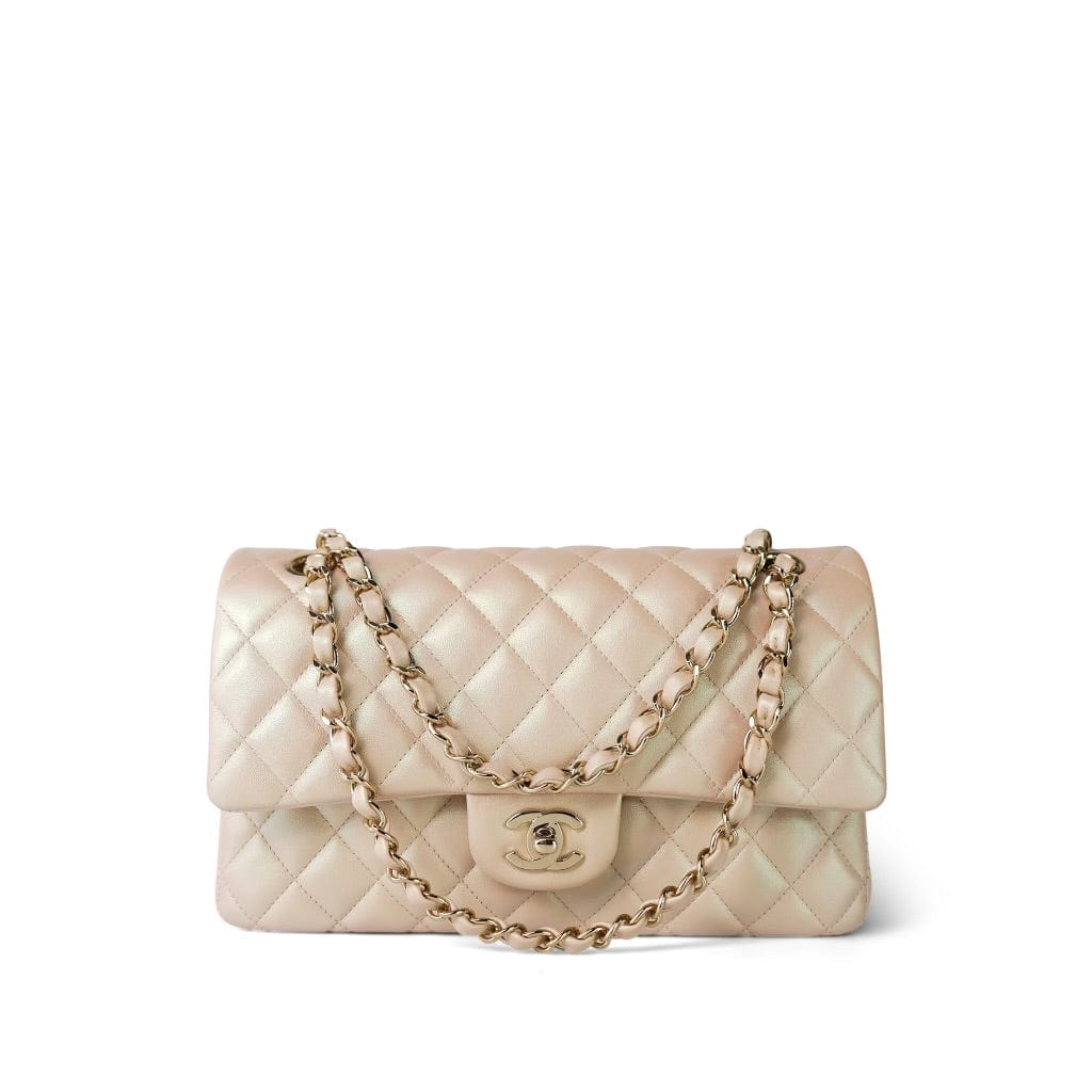 21S Pearly Beige Calfskin Classic Flap Medium Light Gold Hardware