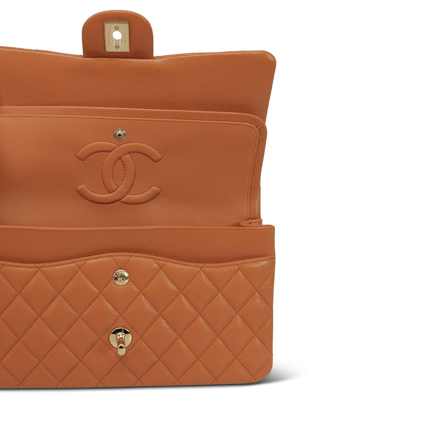 21A Caramel/Orange Caviar Quilted Classic Flap Medium LGHW