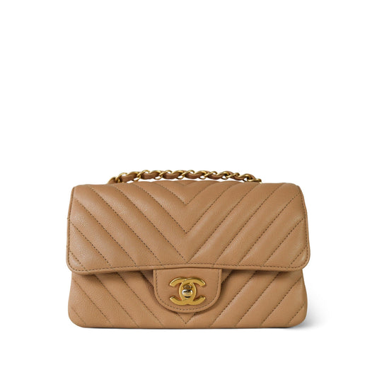 17C Dark Beige Chevron Quilted Mini Rectangular Flap Aged Gold Hardware