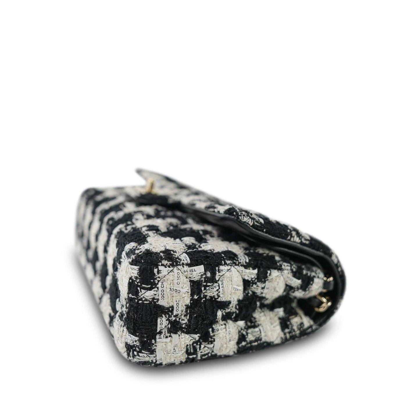 20S Black White Ecru Houndstooth Tweed Quilted Classic Flap Medium LGHW