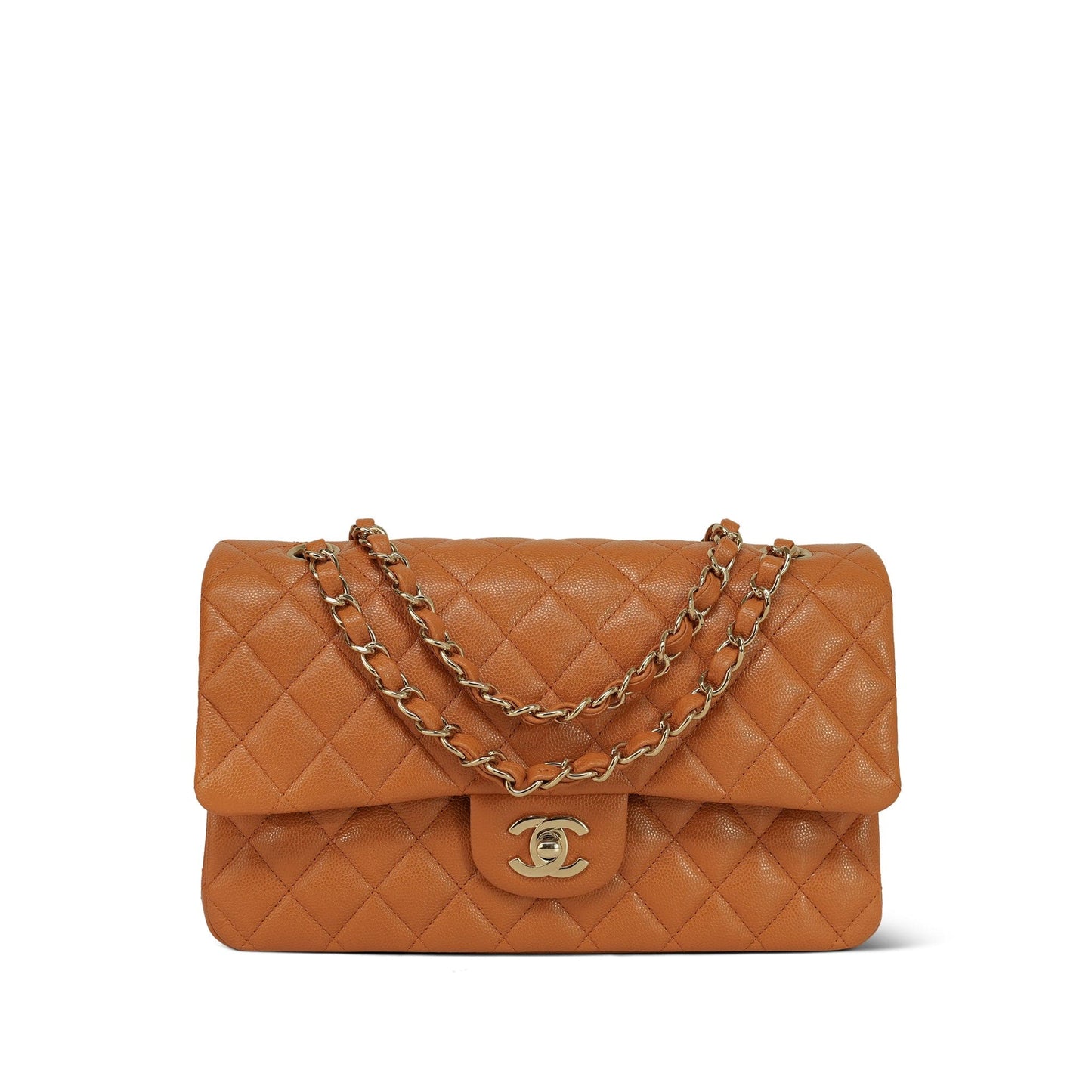 21A Caramel/Orange Caviar Quilted Classic Flap Medium LGHW