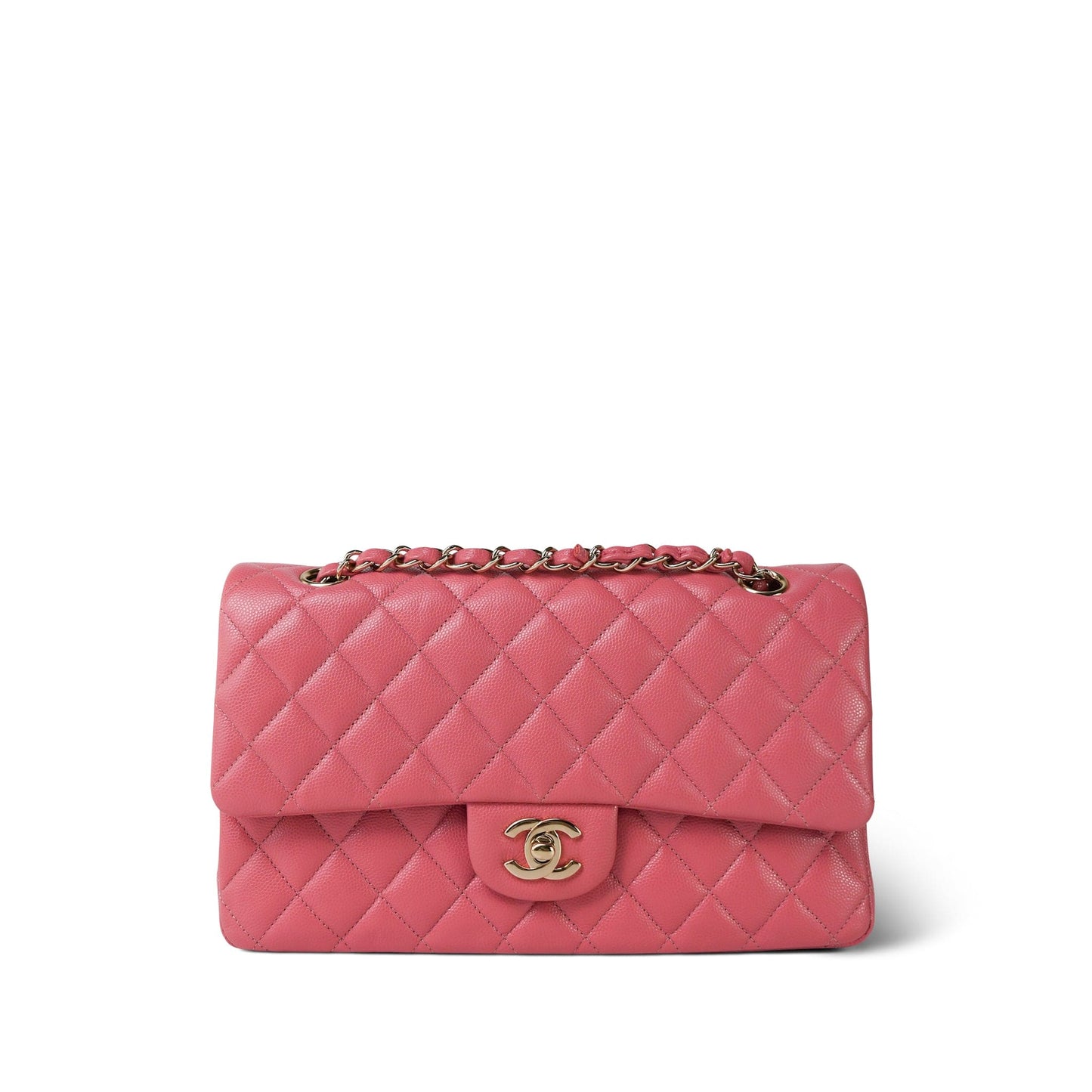 18S Pink Caviar Medium Quilted Classic Double Flap Light Gold Hardware