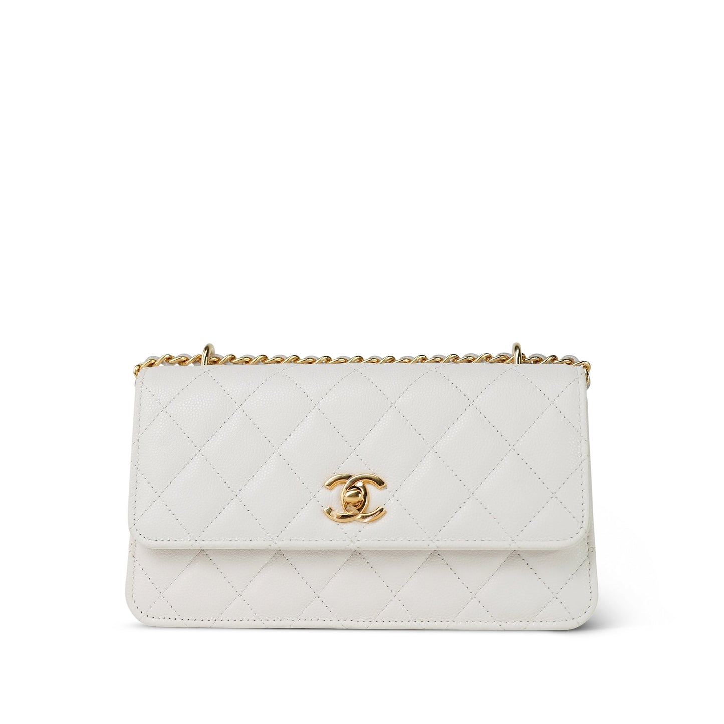 White Caviar Quilted Flap Charm Wallet On Chain WOC Gold Hardware