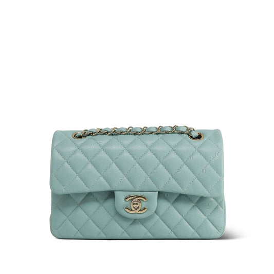 20C Tiffany Blue Caviar Quilted Classic Flap Small Light Gold Hardware