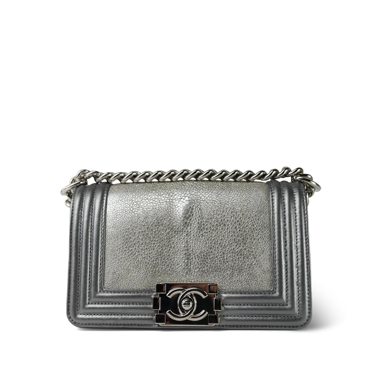 15K Silver Metallic Galuchat Stingray Boy Bag Small Silver Hardware