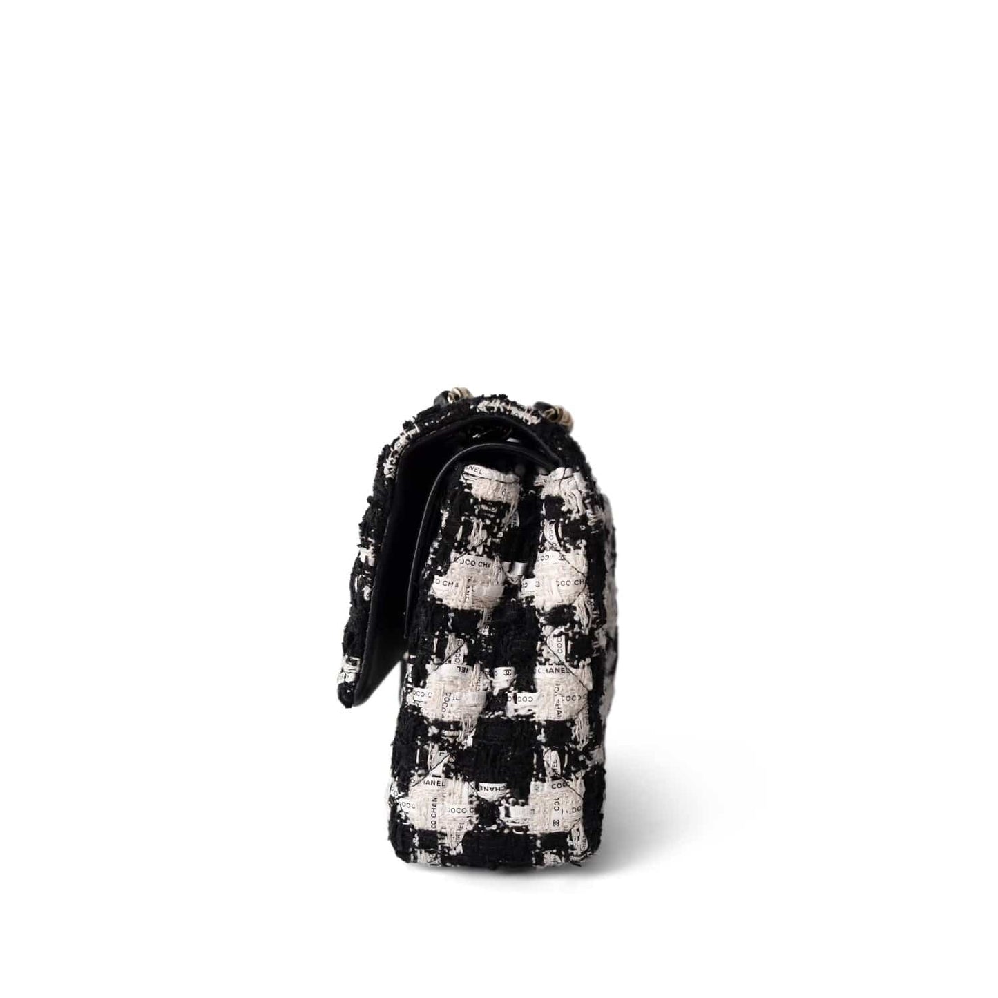 20S Black White Ecru Houndstooth Tweed Quilted Classic Flap Medium Light Gold Hardware