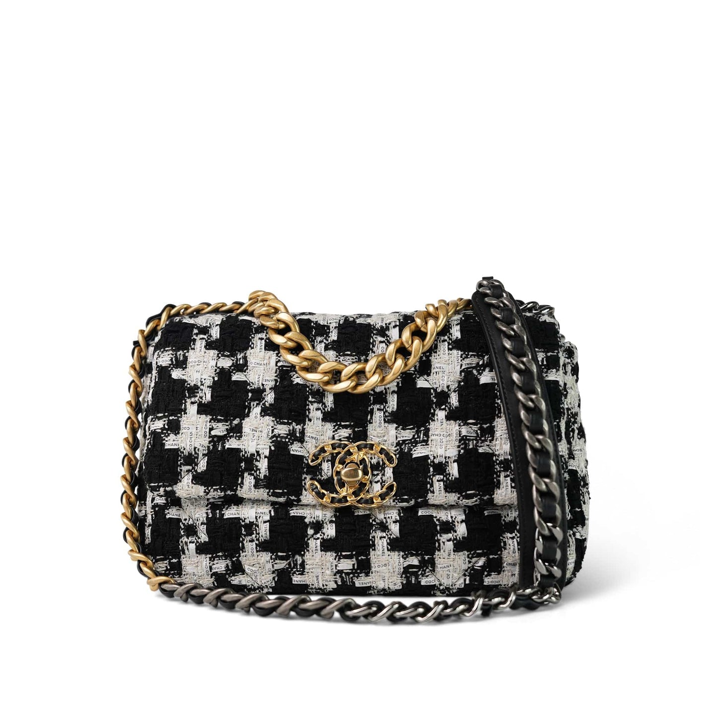 20S Ecru Black & White Ribbon Tweed Quilted 19 Flap Small Mixed Hardware