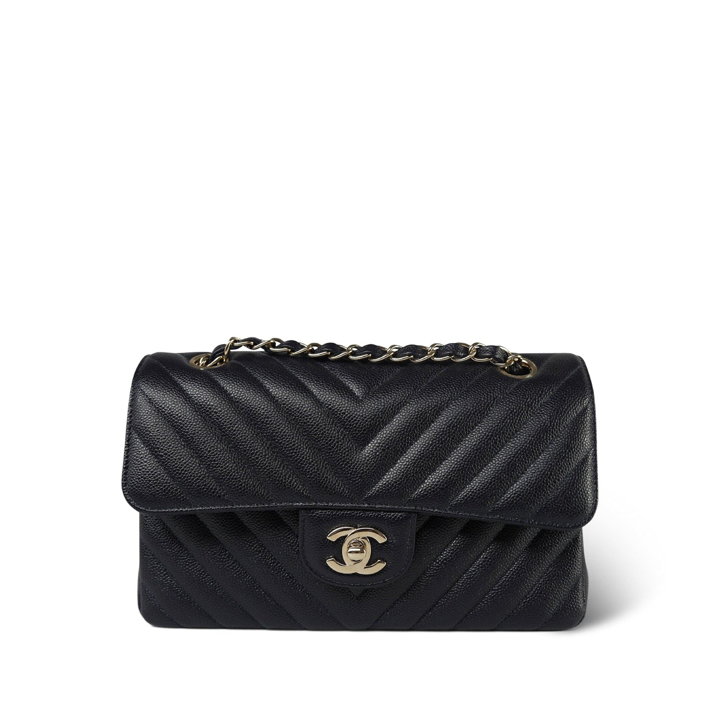 20B Navy Caviar Chevron Quilted Classic Flap Small Light Gold Hardware