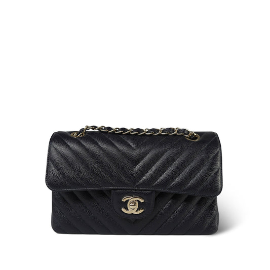 20B Navy Caviar Chevron Quilted Classic Flap Small Light Gold Hardware