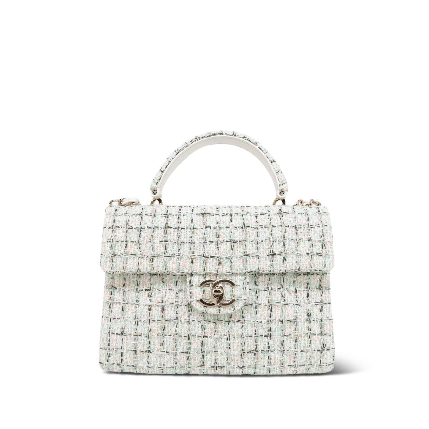 White/Multicolor Sequin Tweed Quilted Top Handle Flap Bag On Chain