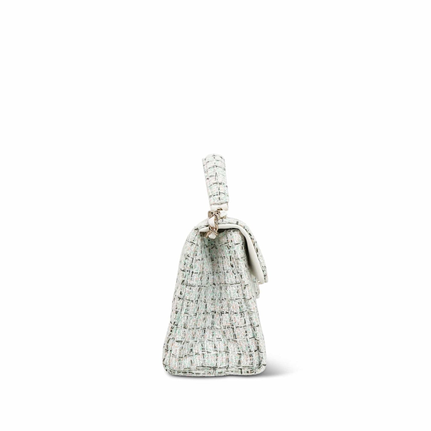 White/Multicolor Sequin Tweed Quilted Top Handle Flap Bag On Chain
