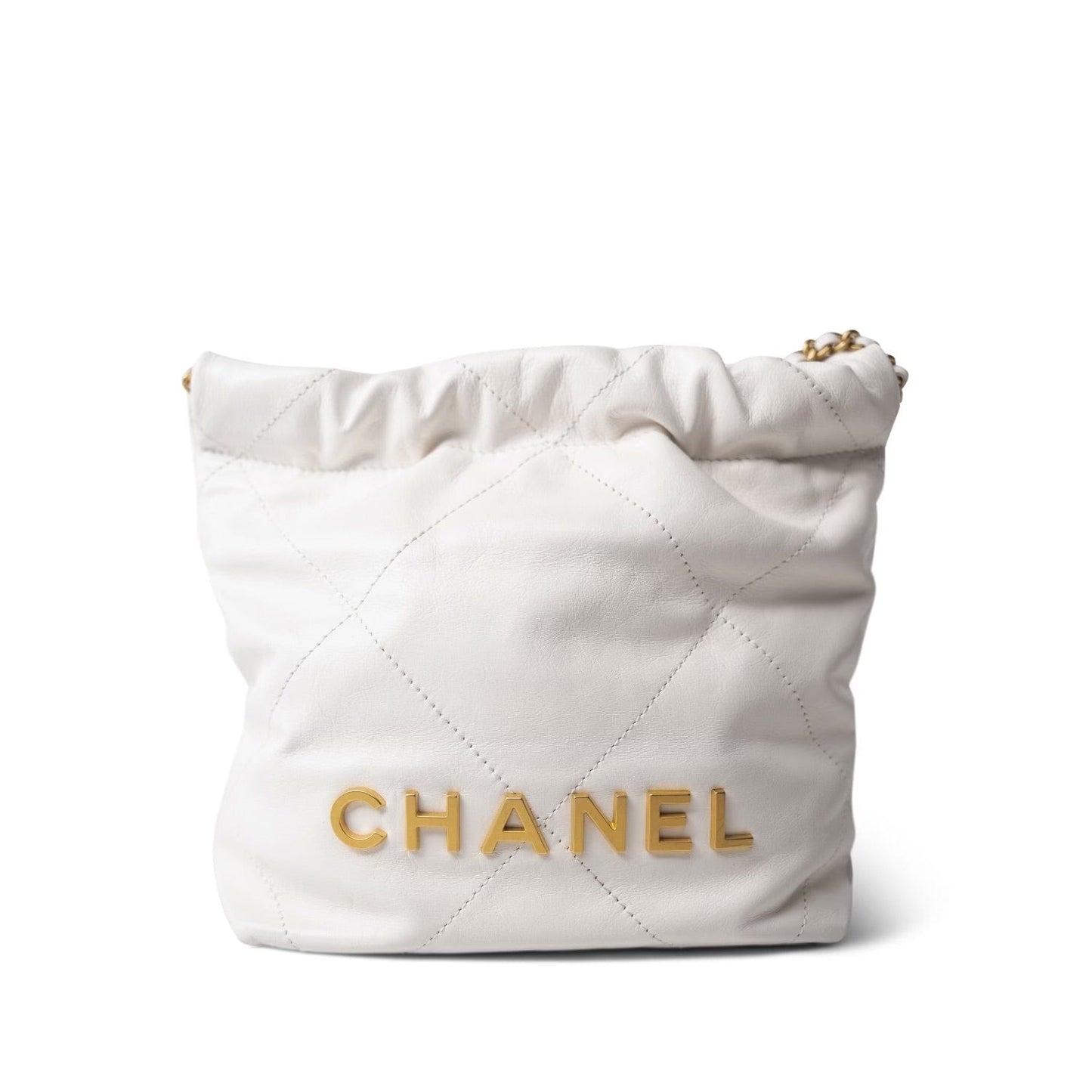 White Calfskin Quilted Mini 22 Bag Antique Gold Hardware