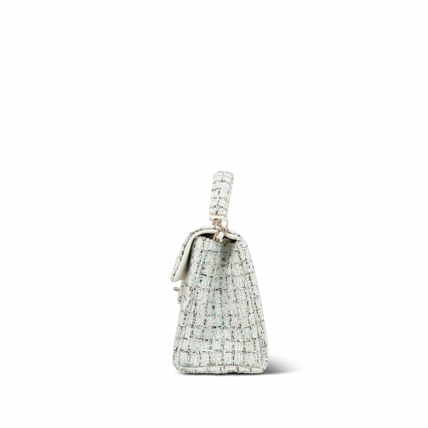White/Multicolor Sequin Tweed Quilted Top Handle Flap Bag On Chain