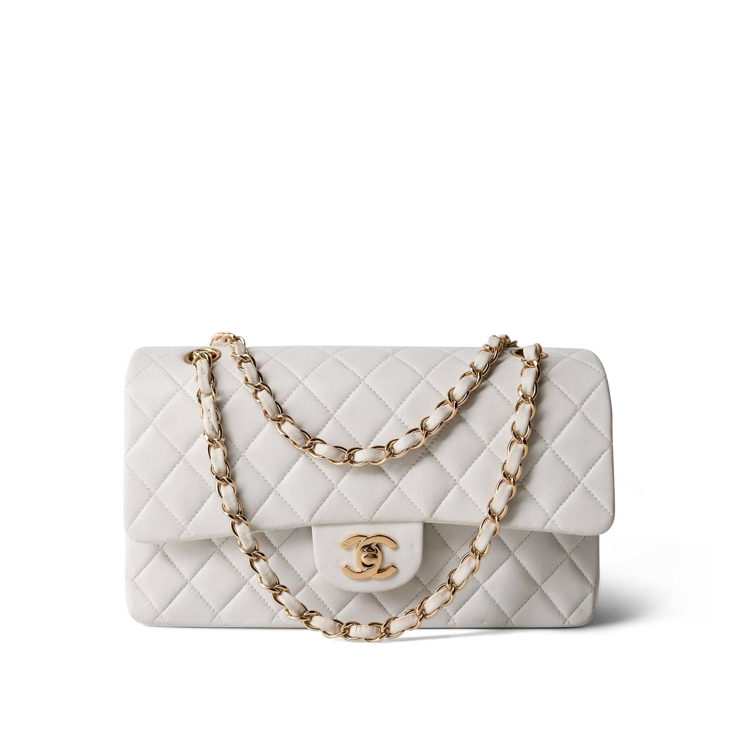 White Lambskin Quilted Classic Flap Medium Gold Hardware