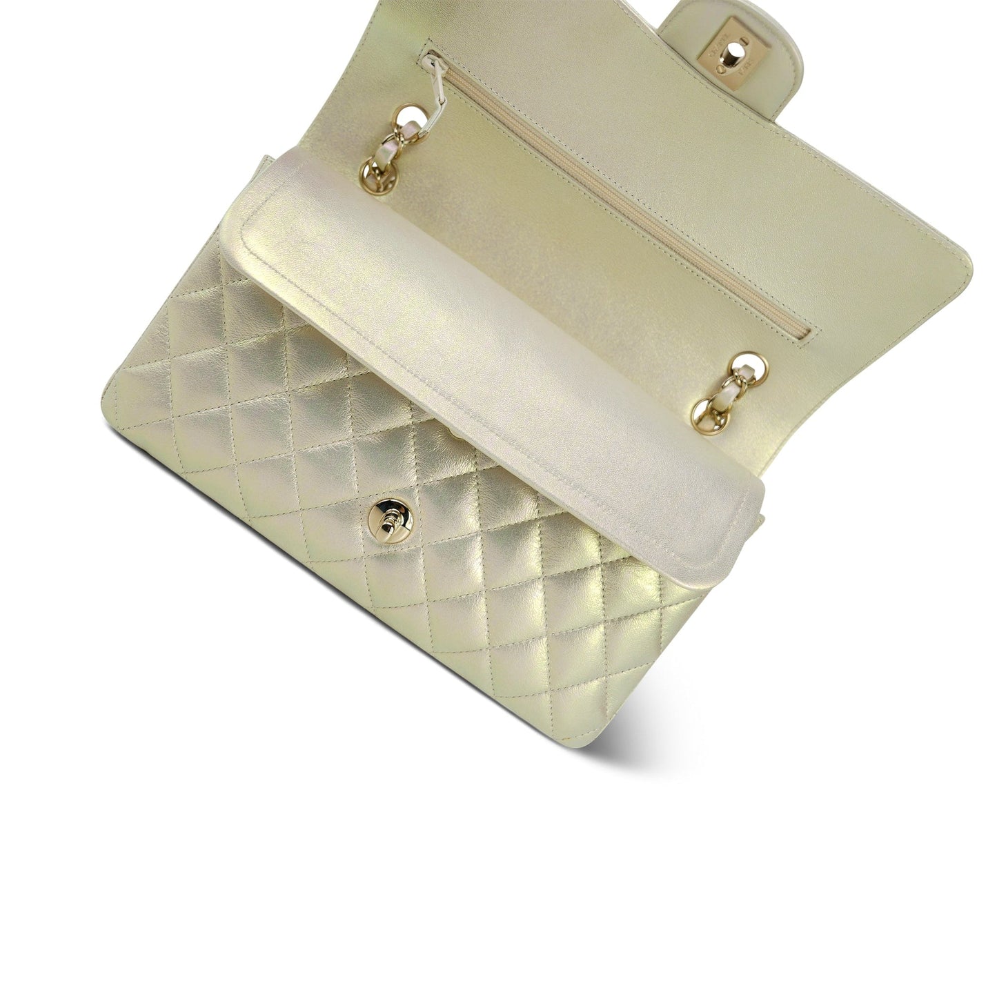 20B Iridescent White Calfskin Quilted Classic Flap Medium Light Gold Hardware