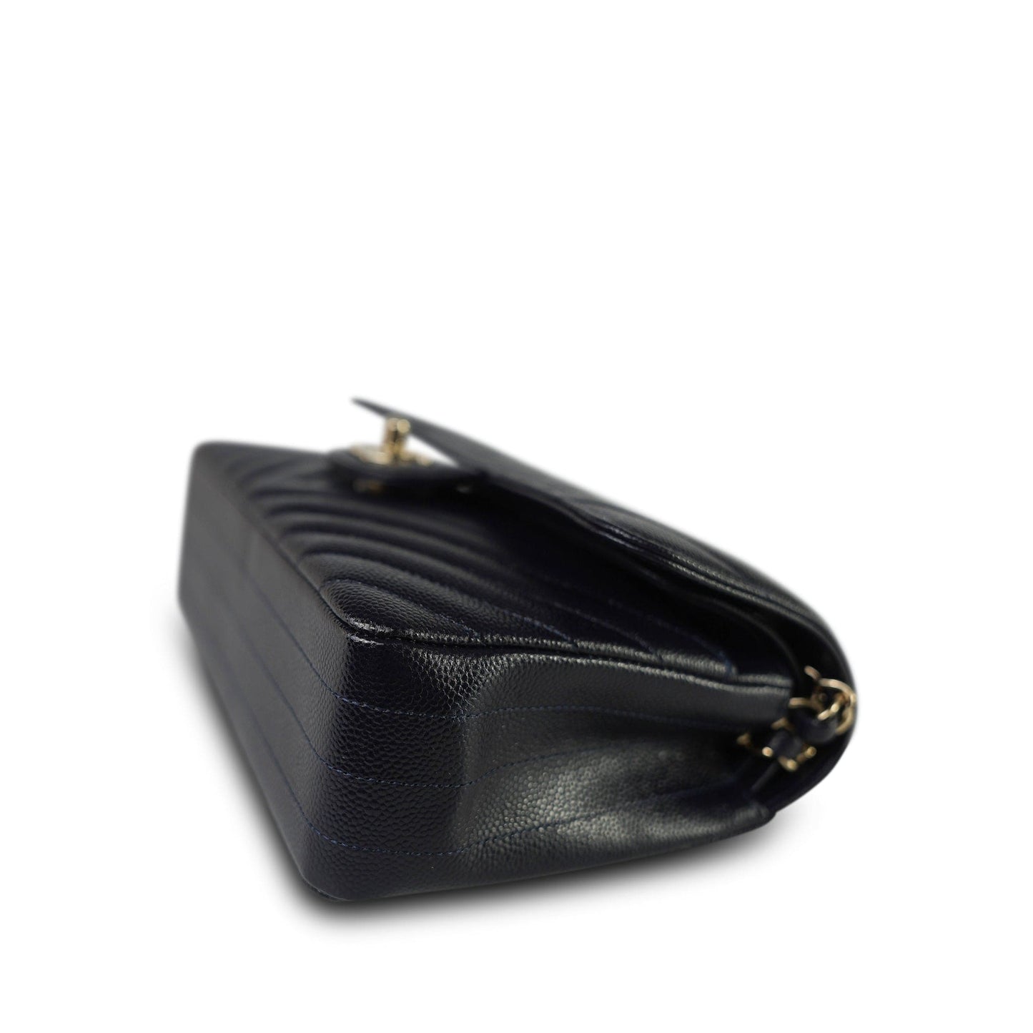 20B Navy Caviar Chevron Quilted Classic Flap Small Light Gold Hardware