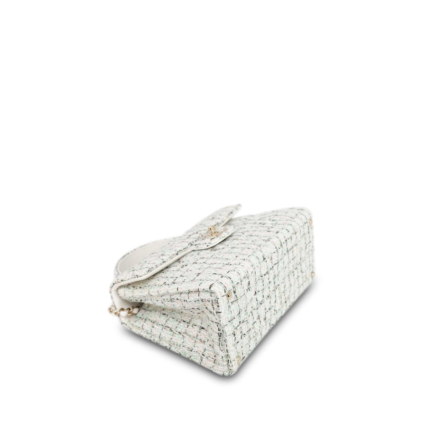 White/Multicolor Sequin Tweed Quilted Top Handle Flap Bag On Chain