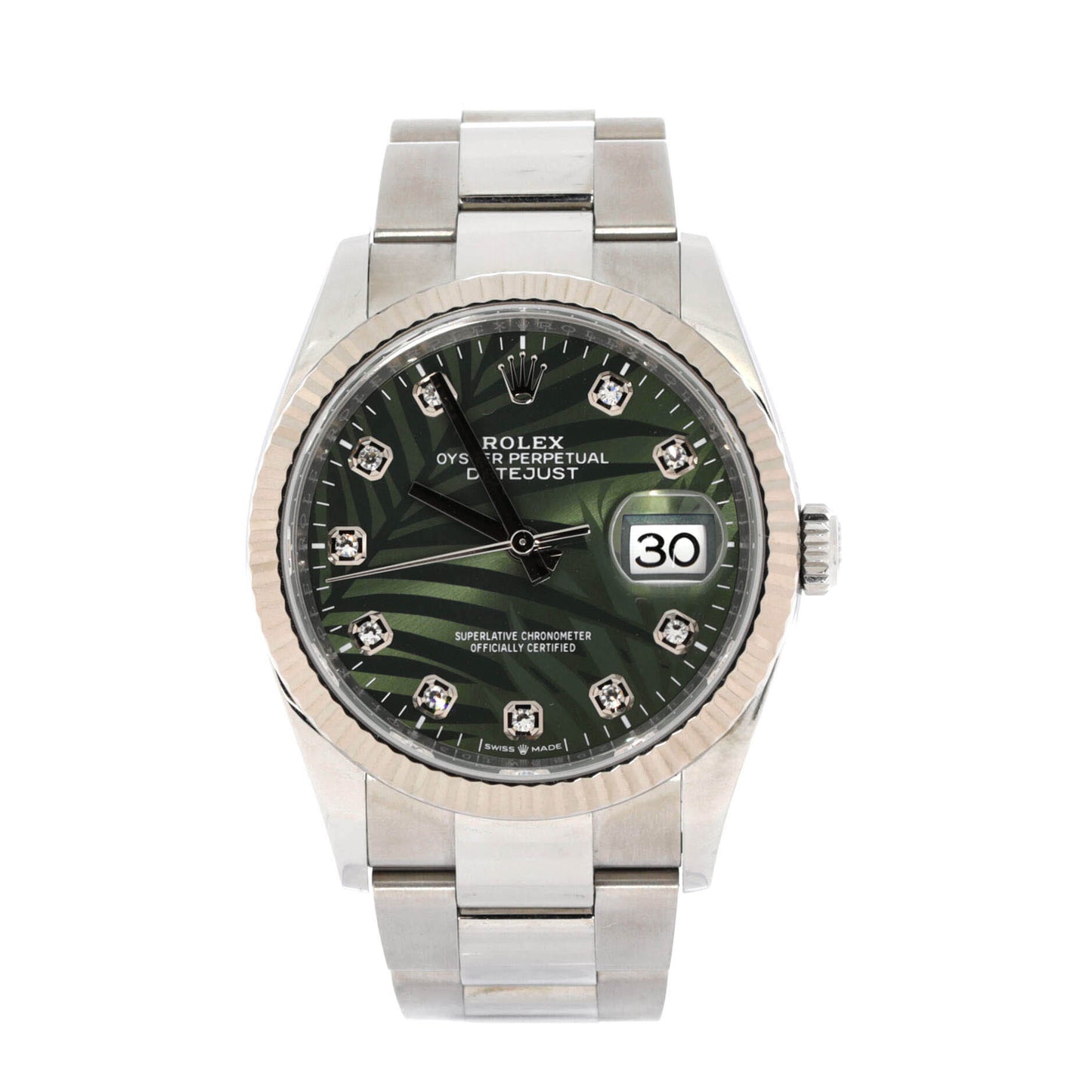Oyster Perpetual Datejust Palm Motif Automatic Watch Stainless Steel and White Gold with Diamond Markers 36