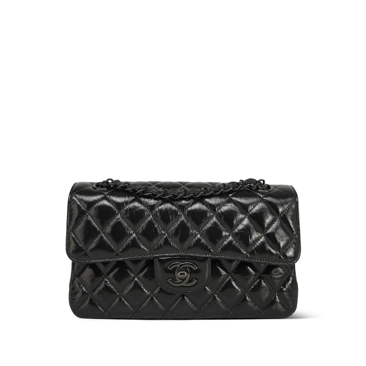 20S So Black Shiny Crumpled Calfskin Quilted Small Classic Flap