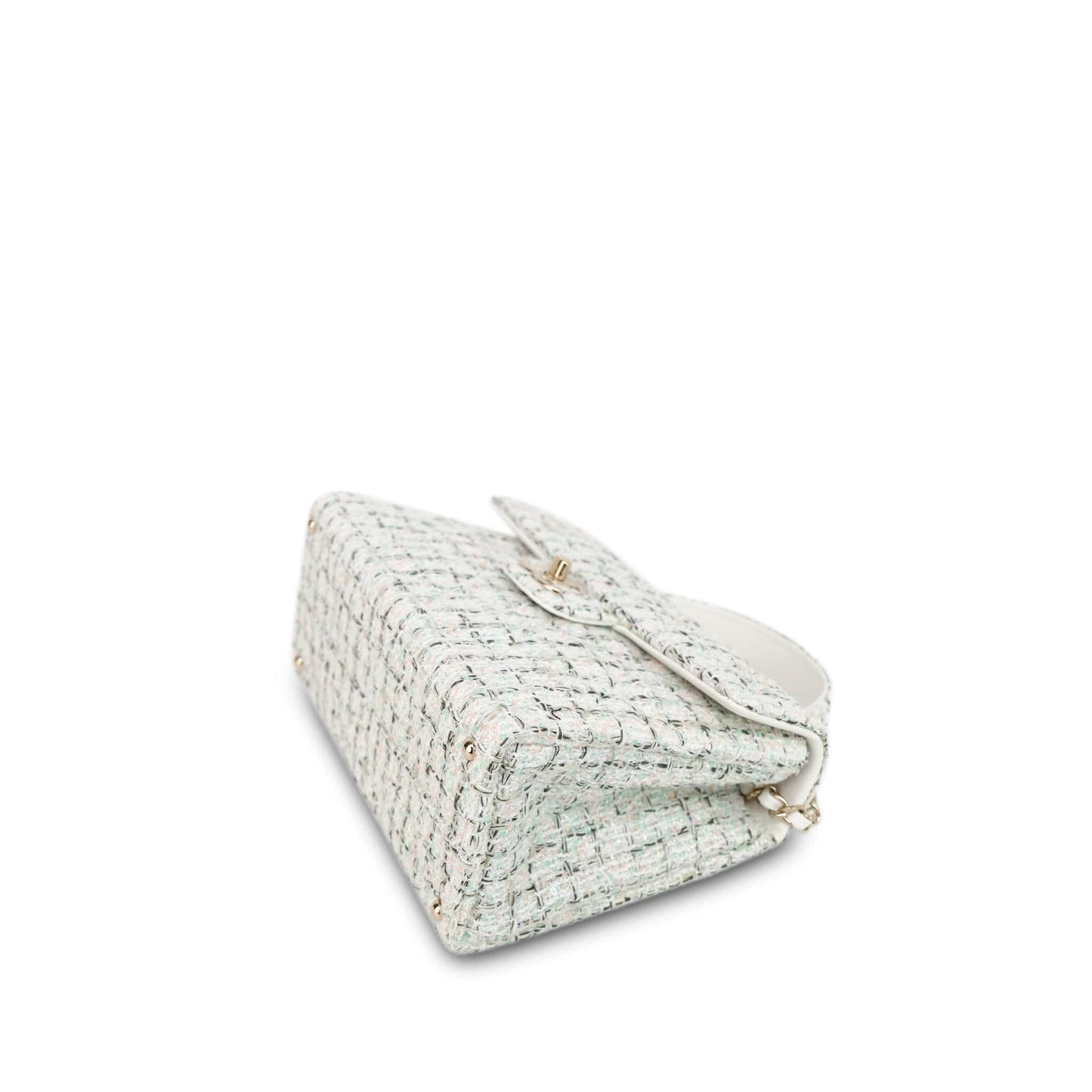 White/Multicolor Sequin Tweed Quilted Top Handle Flap Bag On Chain
