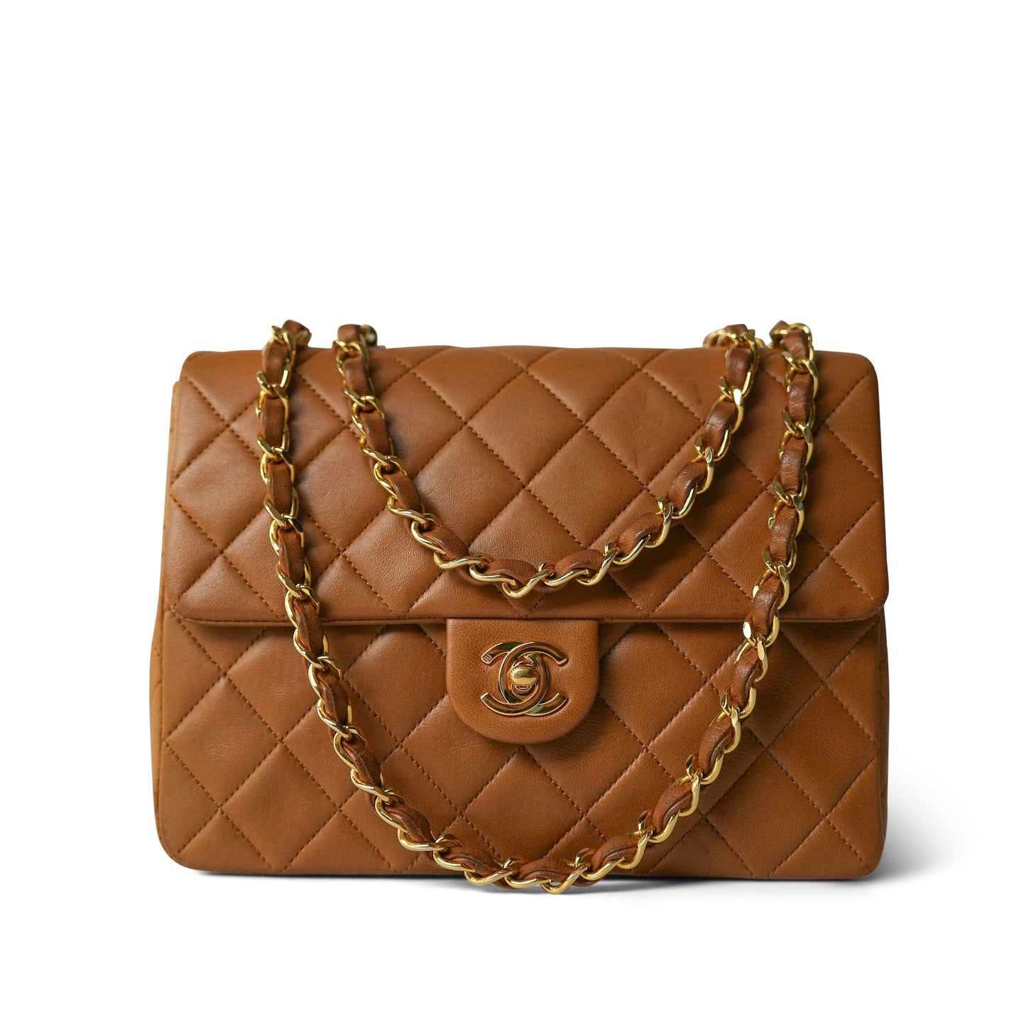 Vintage Caramel/Dark Brown Lambskin Quilted Square Flap Gold Hardware Mini