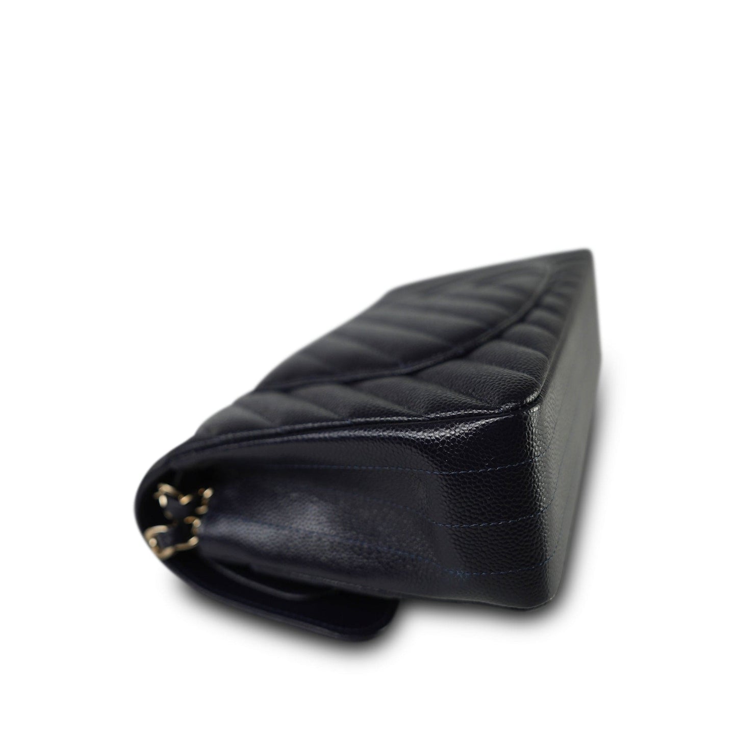 20B Navy Caviar Chevron Quilted Classic Flap Small Light Gold Hardware