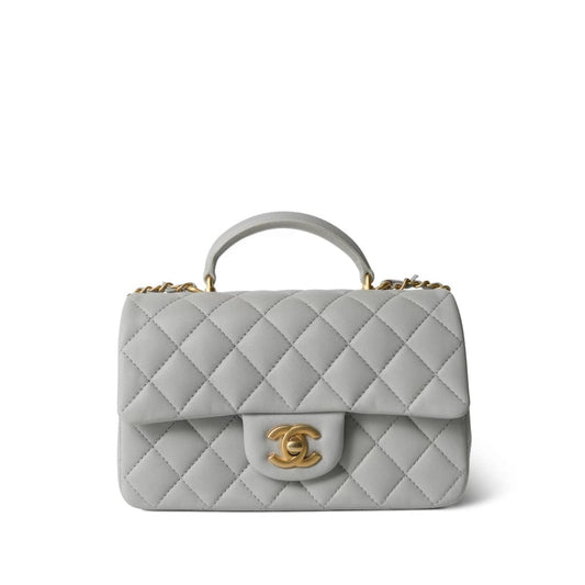 21A Grey Lambskin Quilted Mini Top Handle Aged Gold Hardware