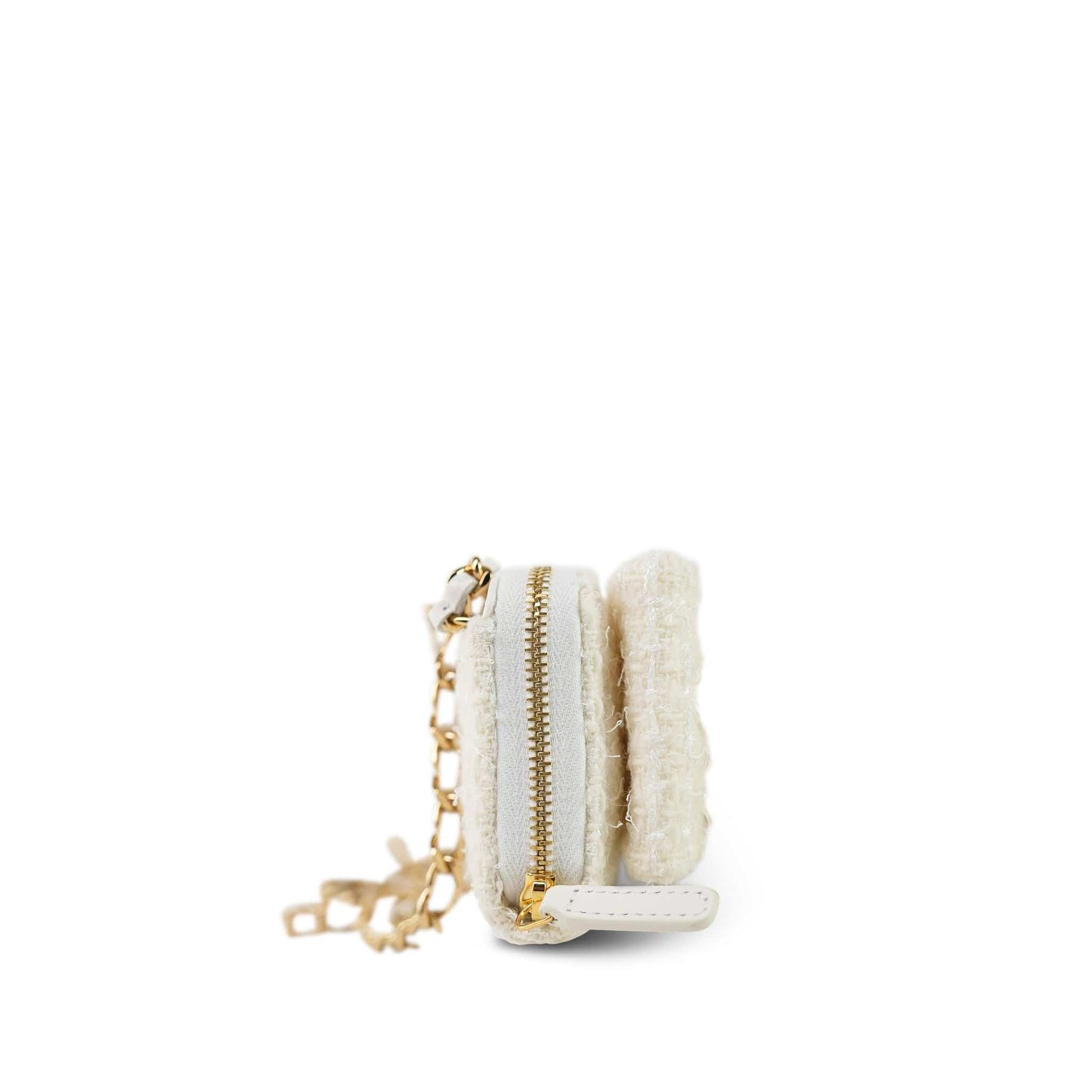 White Tweed Quilted Bow Card Holder On Chain Light Gold Hardware