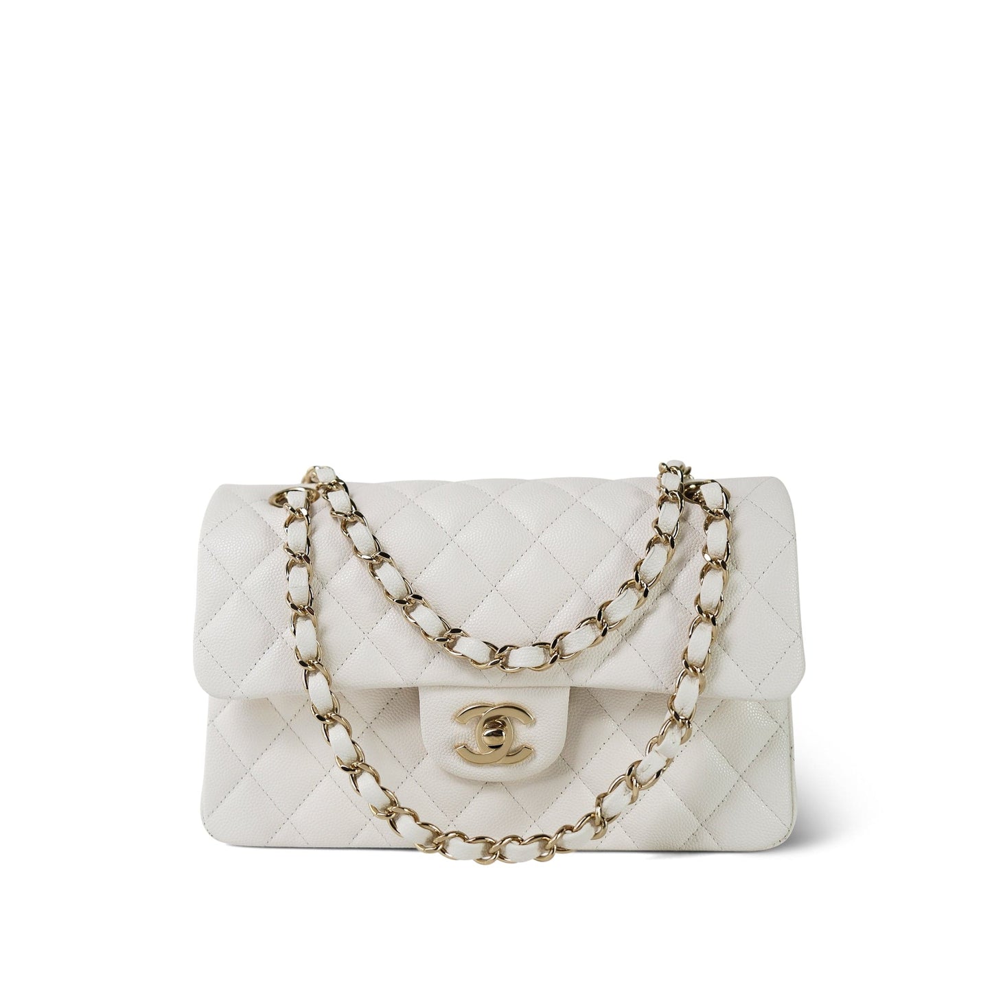 21B White Caviar Quilted Classic Flap Small Light Gold Hardware