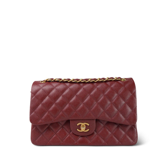 18C Dark Red Glittery Caviar Quilted Jumbo Classic Flap Aged Gold Hardware